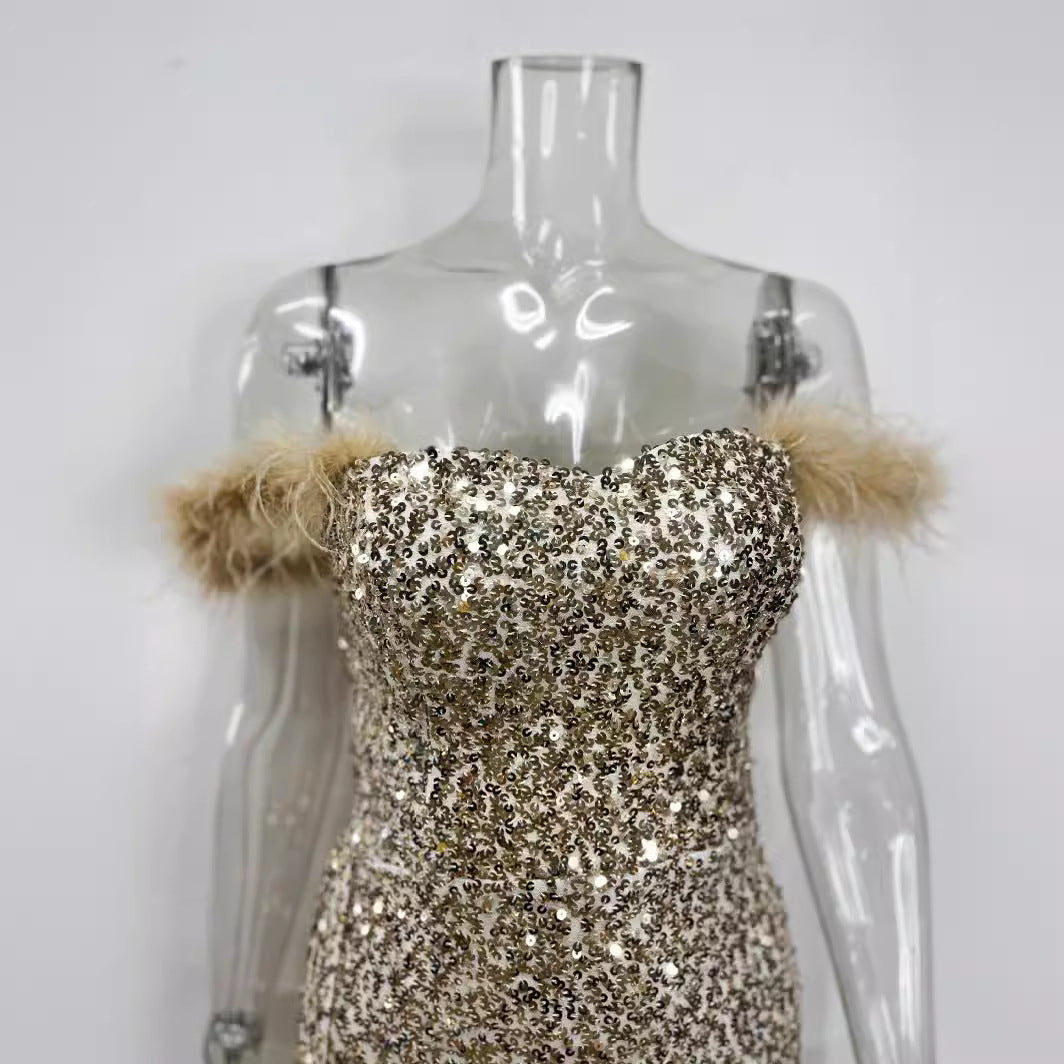2025 Europe and America Cross Border New Factory Direct Sales Tube Top Feather Sequins Slim Fit Dress Long Dress Evening Dress