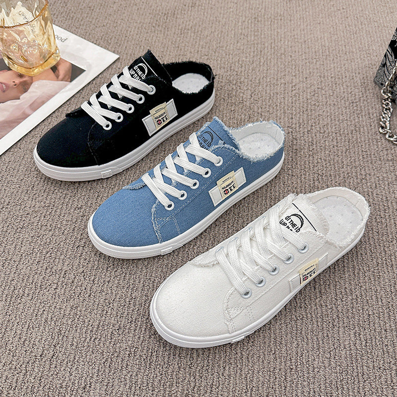 xakxx Spring and Autumn New Canvas Shoes Female Students Half Slippers Slip-on Lofter Versatile Breathable Casual White Shoes Fashion