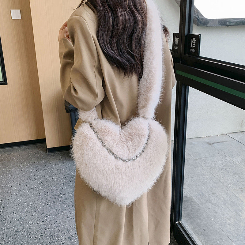 XAKXX 2025 new oblique span love bag imitation fox hair large capacity fashion personalized chain handbag shoulder bag