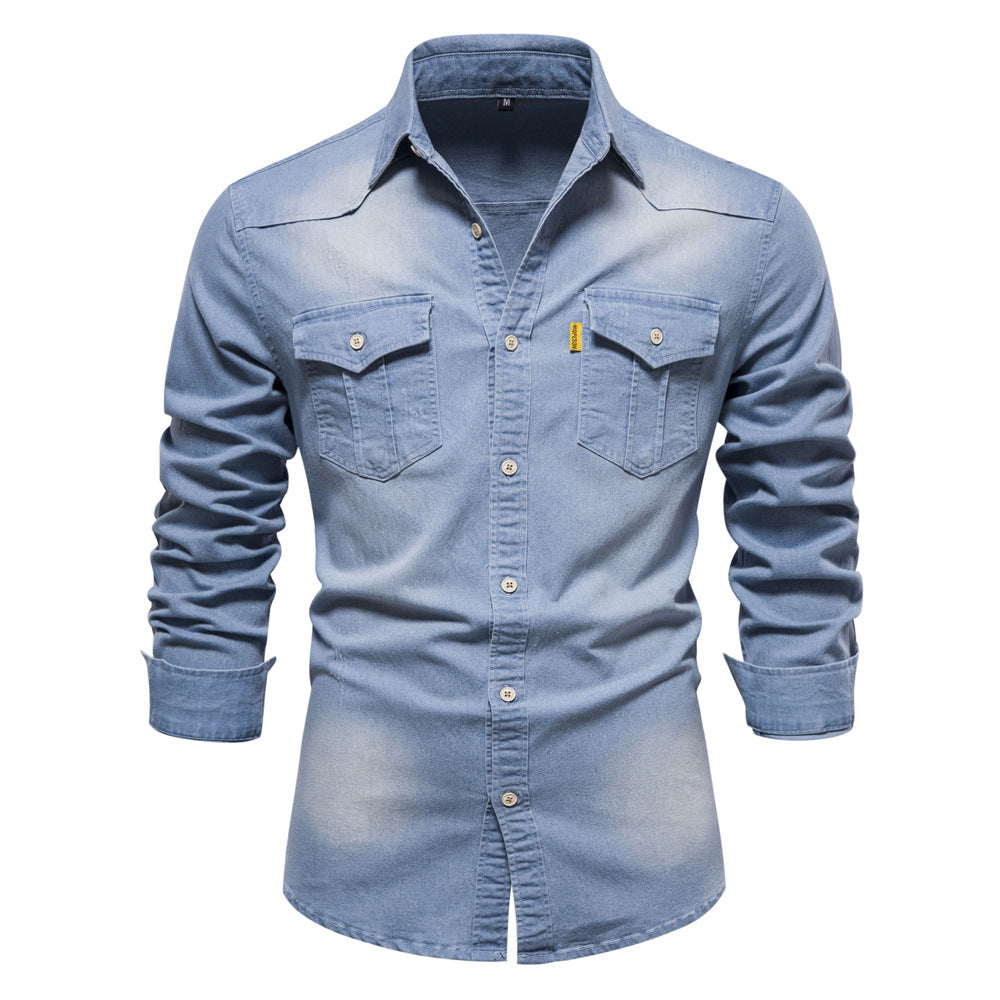 XAKXX 2025 popular Popular trade New explosion men's beautiful size denim shirt men's casual solid color men's denim long-sleeved shirt