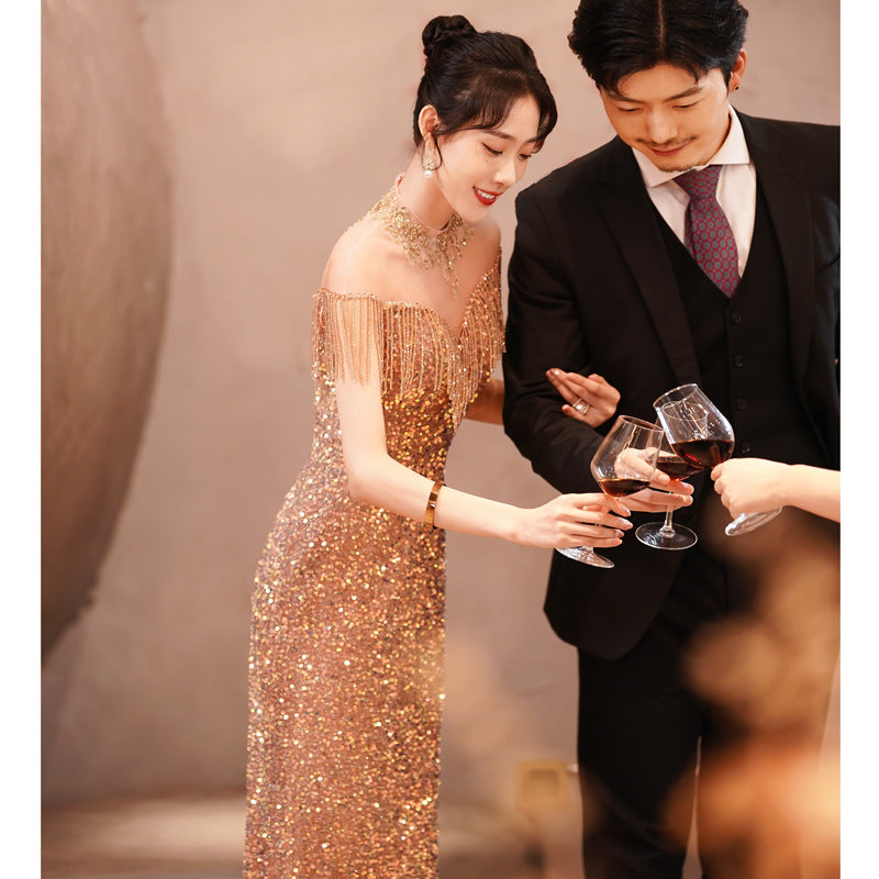 Evening dress women's 2025 new annual meeting fishtail banquet elegant temperament socialite host dignified atmospheric dress