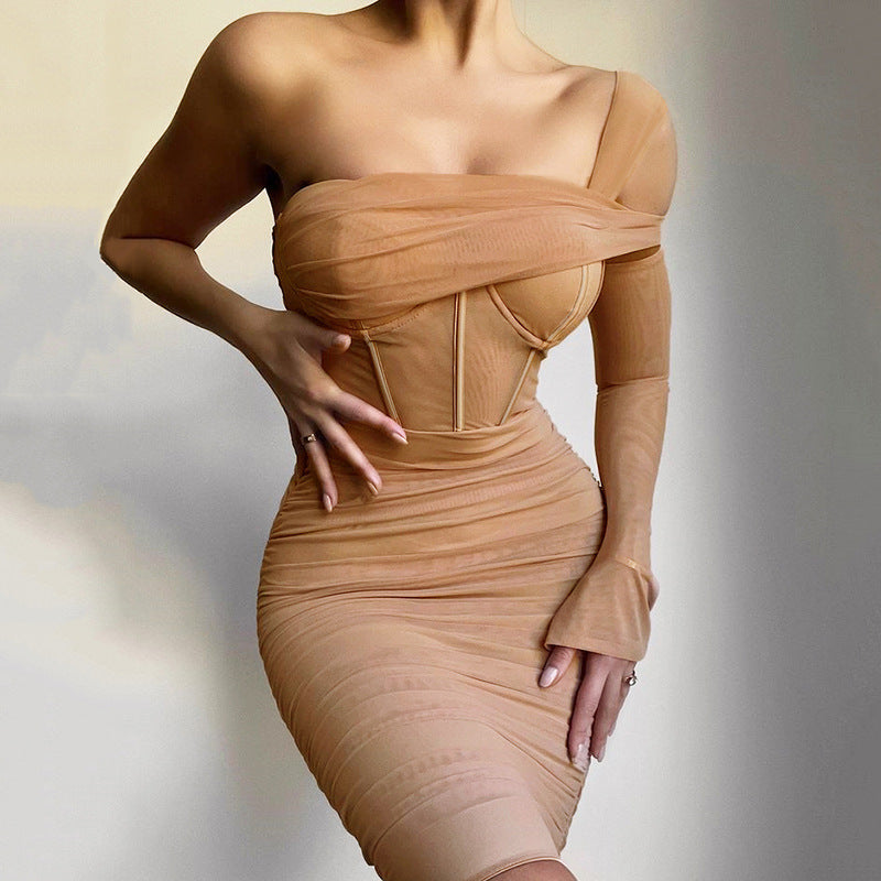 XAKXX Summer tanning single shoulder chest wrap small black dress hip lift waist fold mesh yarn perspective fishbone skirt girlfriends dress