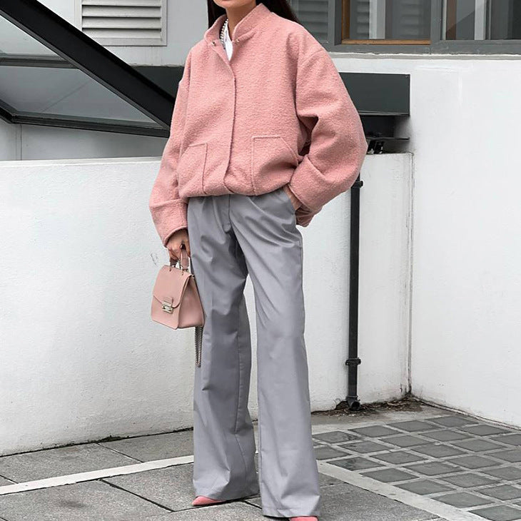 XAKXX 2025popular 2025 autumn temperament three-dimensional loose niche pink velvet small stand-up collar commuting long-sleeved jacket wholesale women