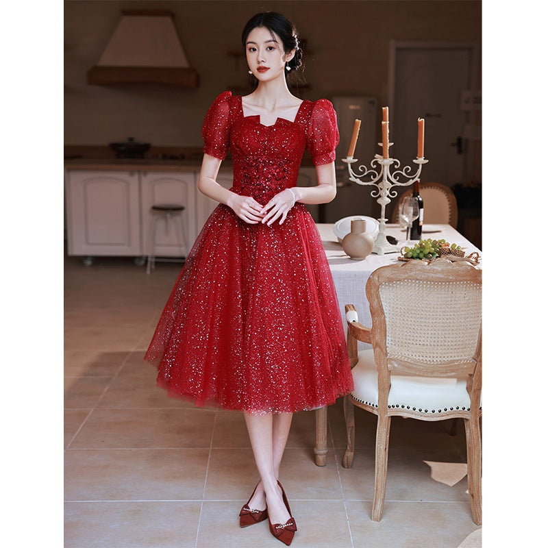 Burgundy toasting dress bride 2025 new spring New wedding return gauze skirt light luxury banquet evening dress