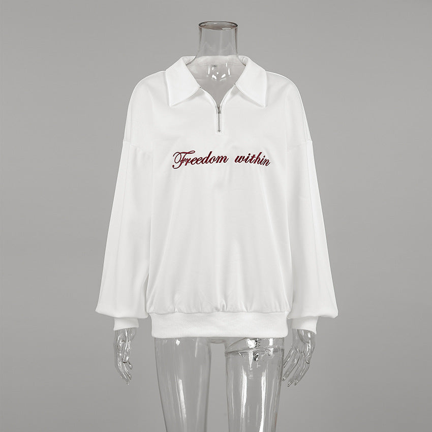 XAKXX Casual Autumn Fashion Embroidery Classic White Lapel Loose Knitted American Sweater Spice Girl Versatile Top Women's Clothing