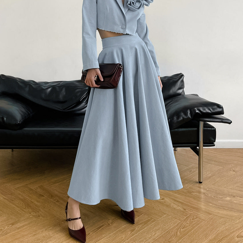XAKXX 2025Autumn and winter retro elegant blue cotton and linen loose high waist and ankle skirt 2025 popular minimalist fashion casual skirt