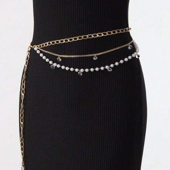 FB3383 2025 waist chain transparent edge hole bead pendant pearl chain metal chain fringed combination waist chain