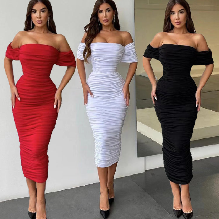 XAKXX Tube top one-word shoulder pleated dress European sexy aura beautiful woman tight one-step skirt waist hip lift hip wrap skirt
