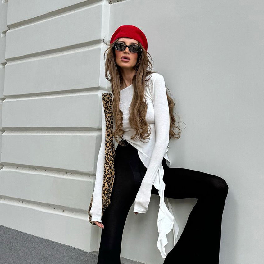 XAKXX 2025 Russian spring and summer irregular sexy design sense white knitted round neck slim and thin women's T-shirt