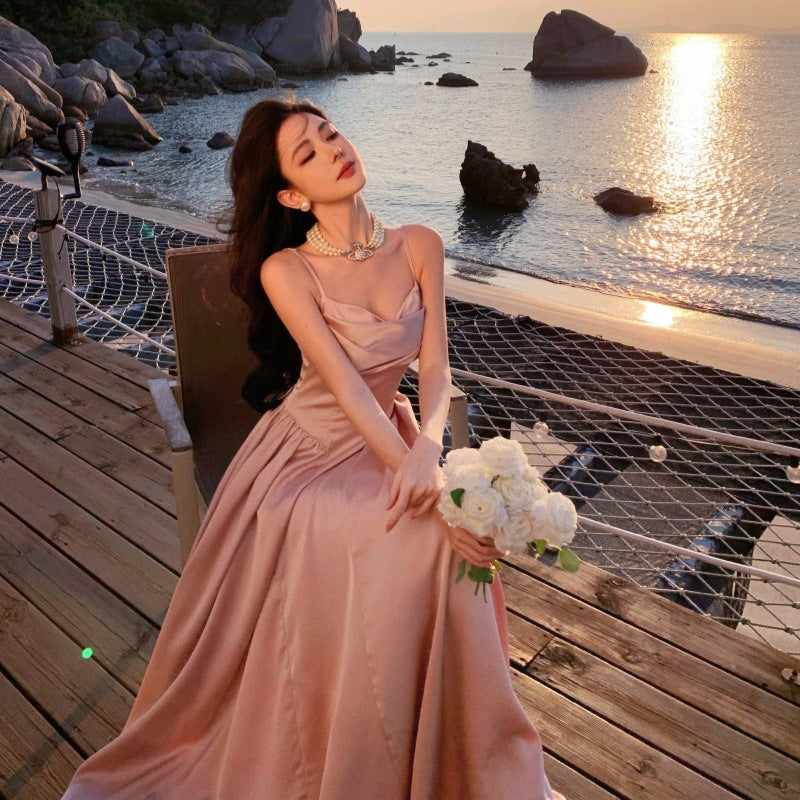 2025 gentle princess dress dress, a-word large skirt, super good-looking high-end temperament waist seaside vacation dress