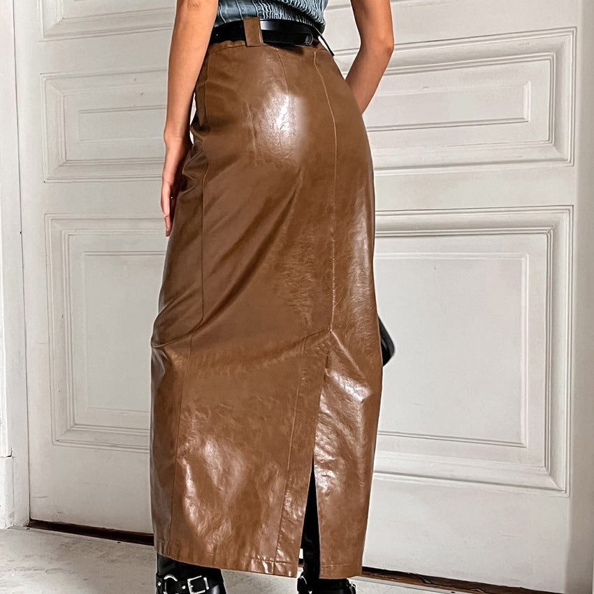 XAKXX 2025Autumn and winter new retro brown high-waisted skirt temperament hip-wrapped pu leather skirt women's popular fashion versatile 2025