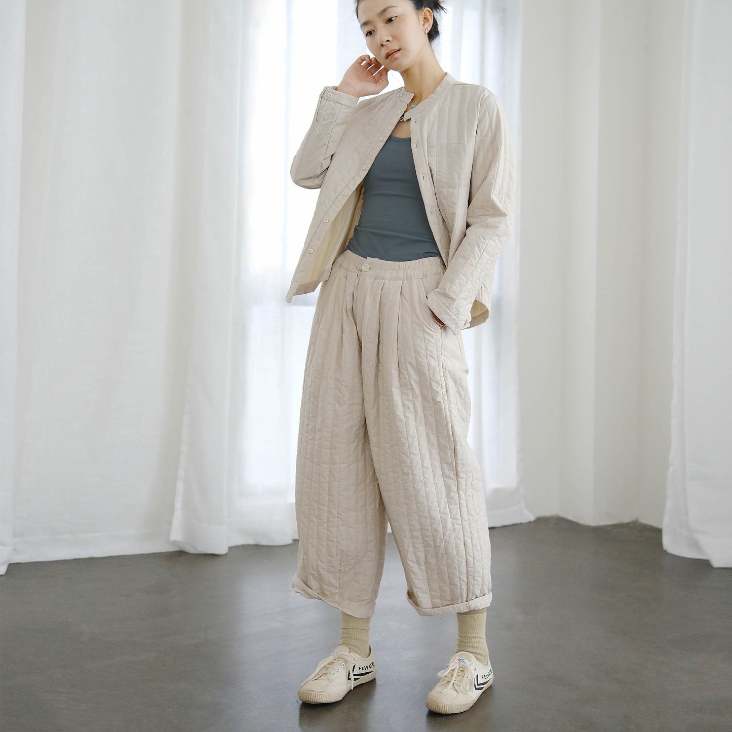 casual literary and artistic cotton paper stand-up collar thin padded shirt, striped quilting thread warm cotton-padded coat M22370