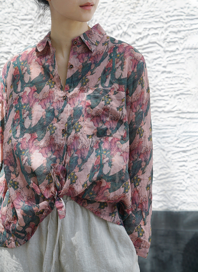 casual literary ramie printed versatile shirt, Wenqing trendy loose sunshade long-sleeved top S21041