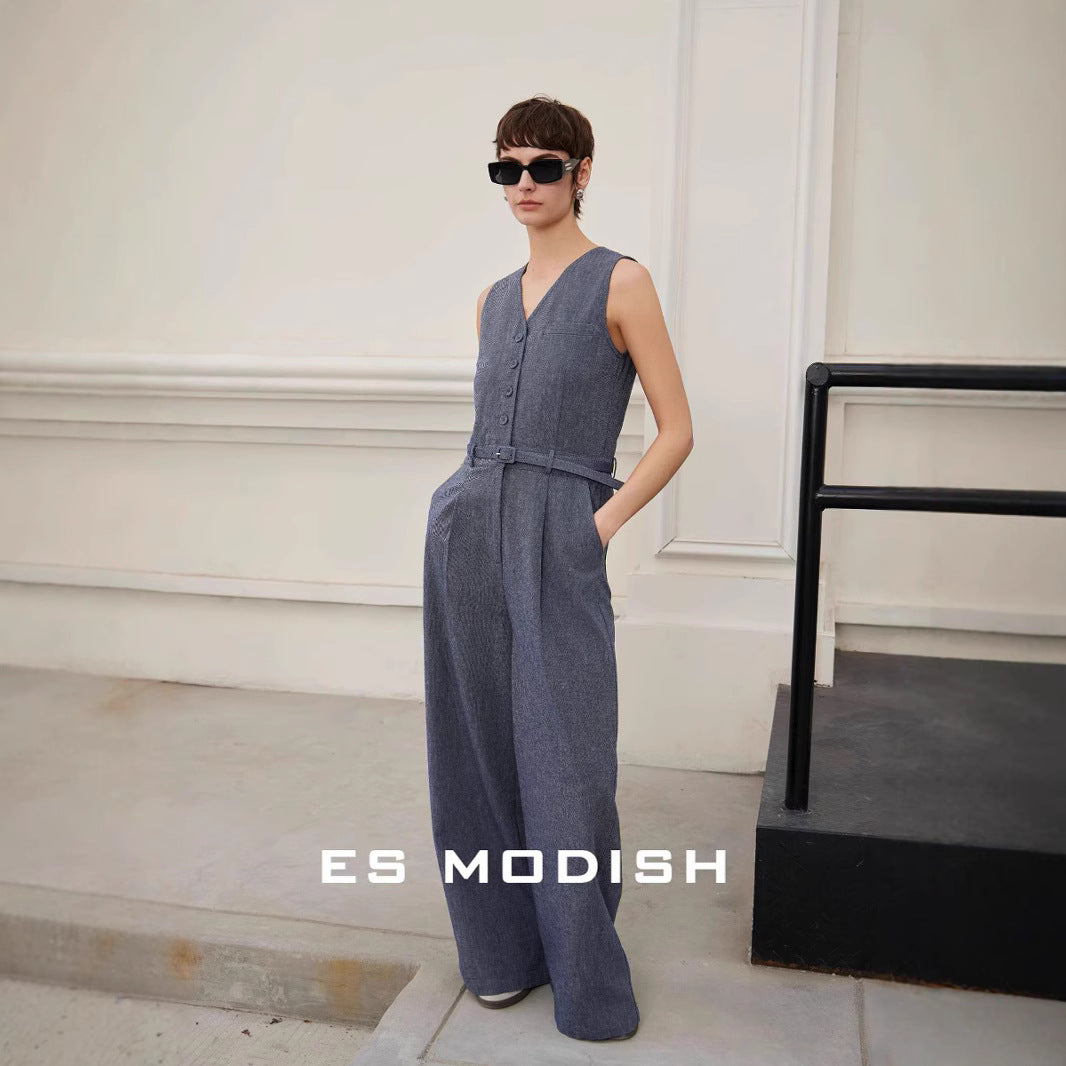 2025 ES MODISH spring new Korean version niche V-neck sleeveless waist denim jumpsuit (with belt) girls