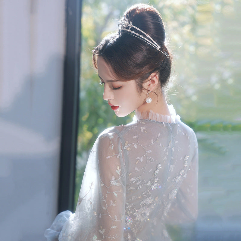 Gray-blue evening dress women's 2025 new banquet fairy temperament art test dress skirt long sleeve birthday party annual ceremony