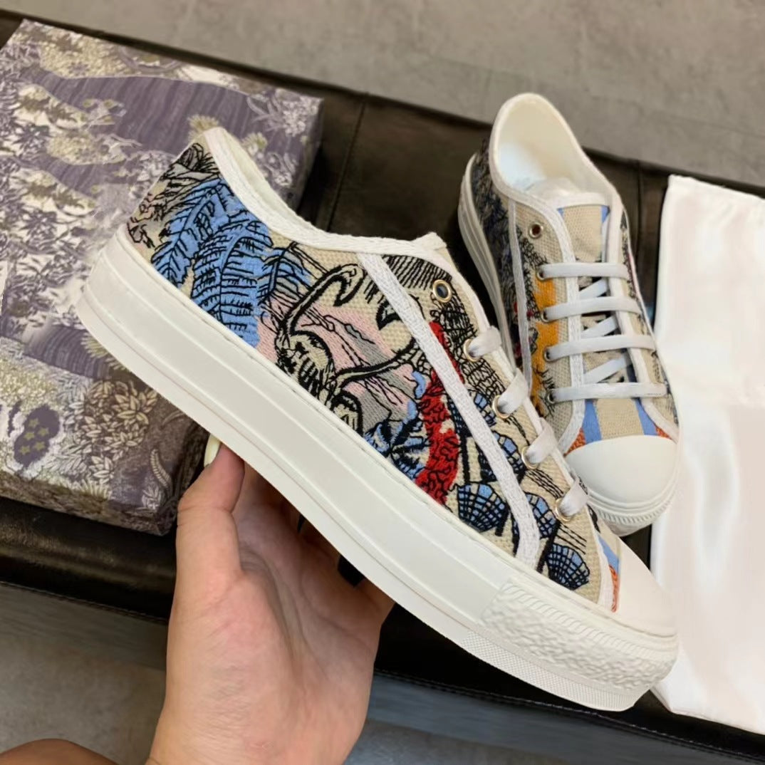 xakxx Retro Embroidered Letter Canvas Shoes for Women New Flat Versatile Hidden Heel Lace-up Low-Top Sneakers Casual Shoes