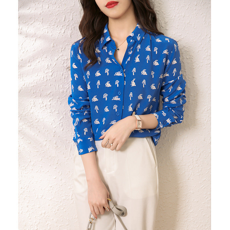 2025 Silk shirt age reduction fresh contrasting color white rabbit printing silk shirt long sleeve silk top Hangzhou women's clothing