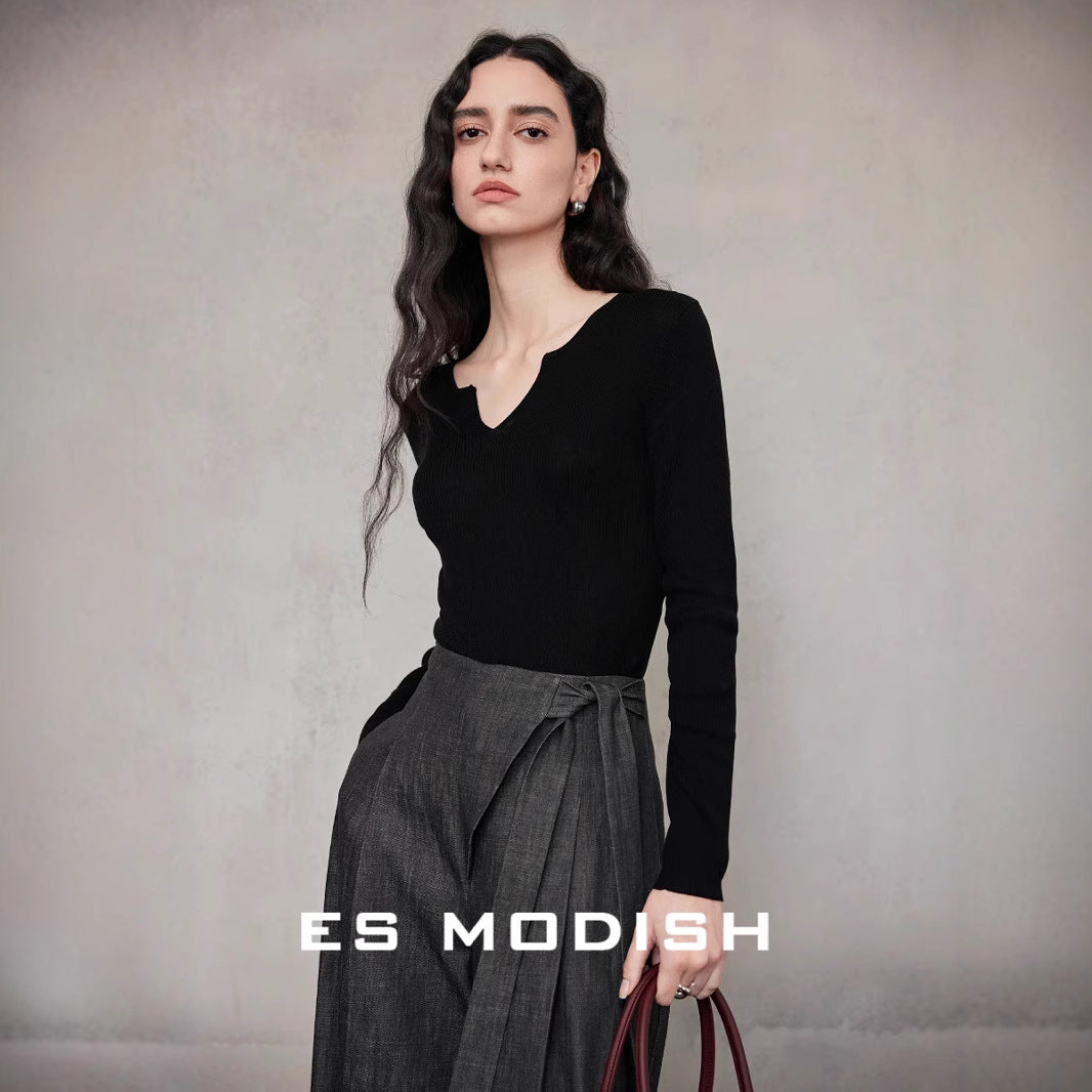 2025 ES MODISH spring new product elegant V-neck slim-fitting long-sleeved knitted sweater high-end Tencel top women