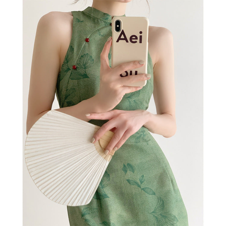 Only Green Forest/Retro White Green Improved New Chinese Cheongsam Dress Mid-Length 2025 Generation Hair