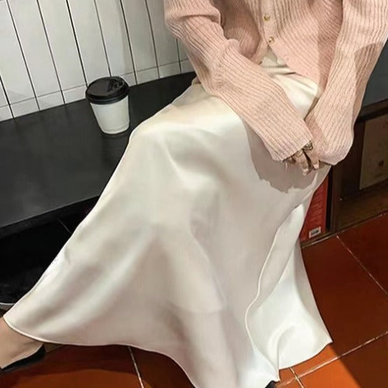 2025 Spot acetic acid satin high-end skirt temperament high waist drape thin fishtail skirt medium and long
