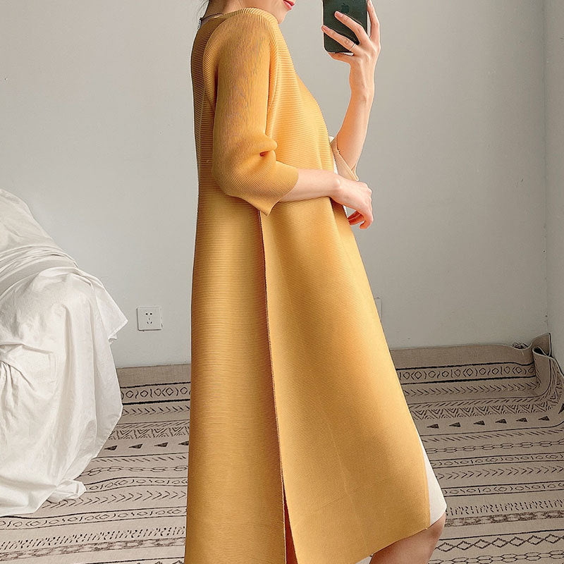 2025 women's clothing medium and long dress splicing temperament commuting loose contrasting color dress fat mm stomach A-word skirt Popular style
