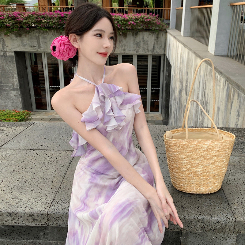 2025 Seaside vacation niche design sense photo purple floral neck beach skirt smudged tie-dye big pendulum fishtail long skirt