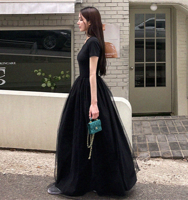 Black Hepburn short-sleeved knitted dress women's summer waist thin mesh stitching temperament long skirt