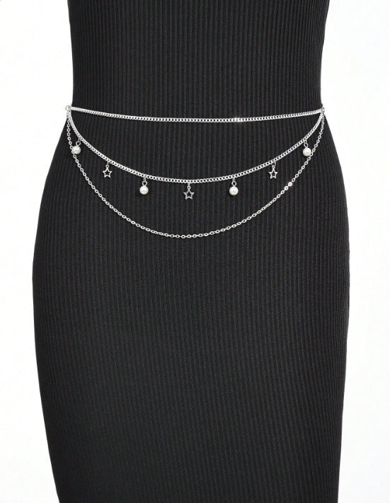 2025 3997Waistchain Silver Metal Chain Pearl Star Pendant Wedding Party Party Daily Wear Waist Chain