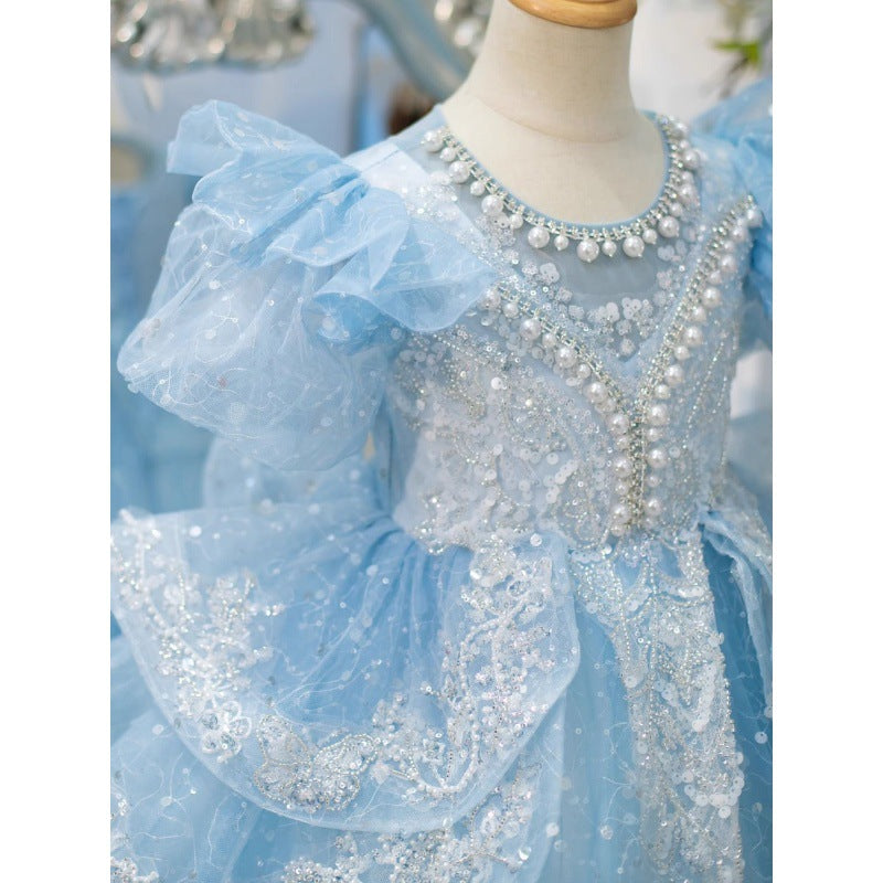 High-End Girl's Blue Evening Dress Summer New Children's Princess Dress Flower Girl Wedding Little Girl Tulle Tutu