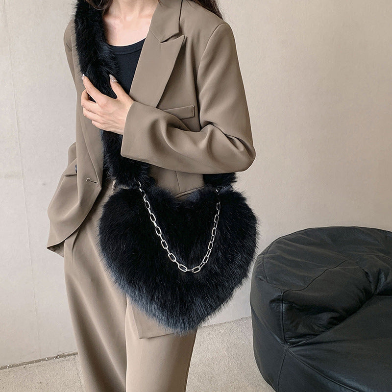XAKXX 2025 new oblique span love bag imitation fox hair large capacity fashion personalized chain handbag shoulder bag