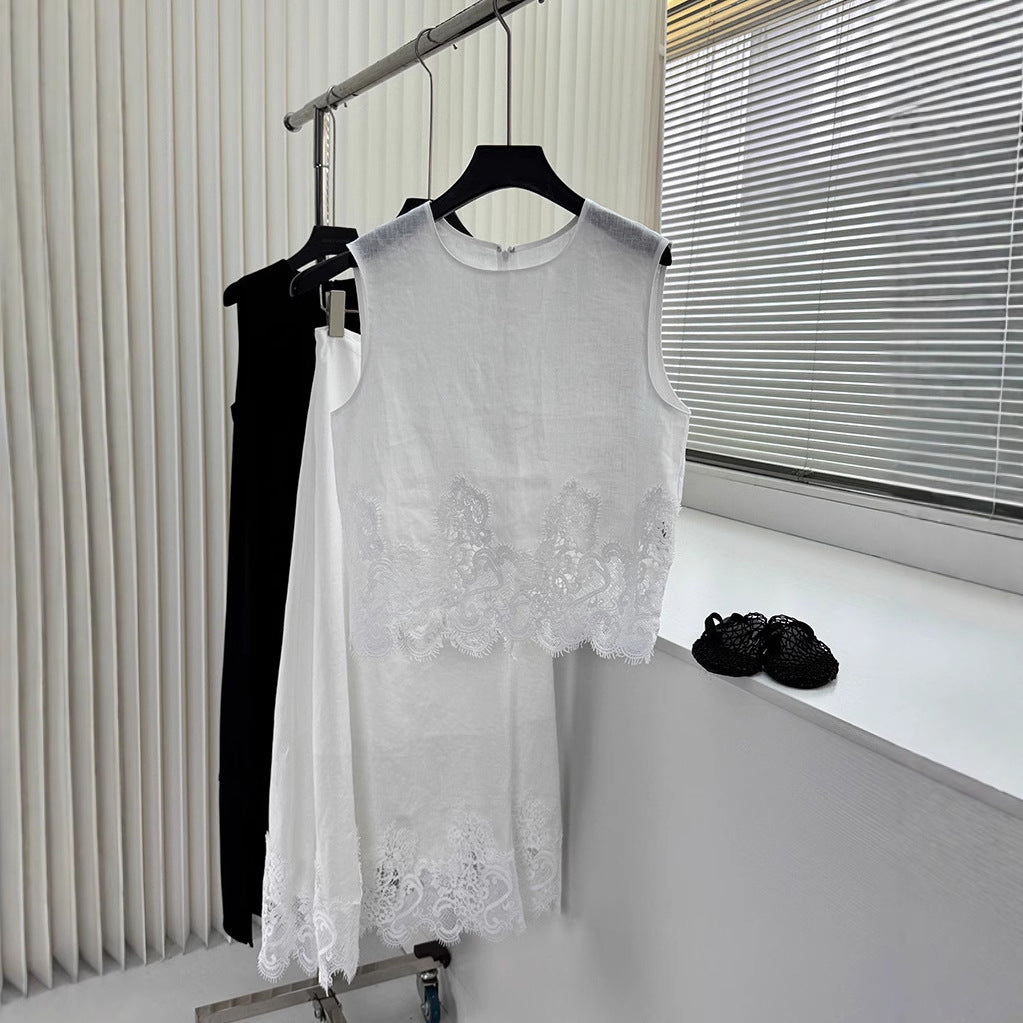 2025 Heavy water-soluble lace splicing linen crew neck vest elegant skirt women, two-piece set
