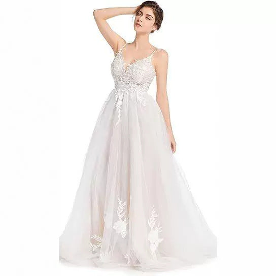 2025 Popular trade new wedding dress applique bohemian beach sexy thin shoulder strap lace bridal dress halter
