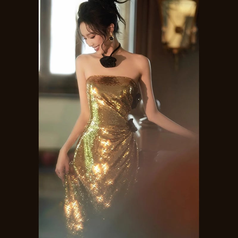 2025 tube top evening dress skirt popular new bridal wedding gold sequined fishtail toast dress banquet host