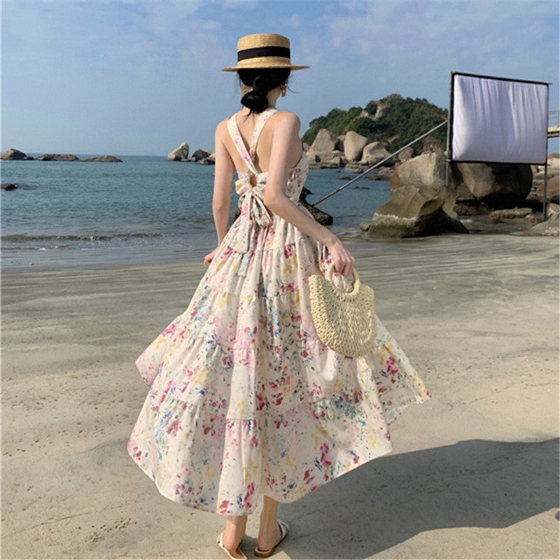 2025 Premium floral print suspender skirt seaside vacation dating fairy wear halter slim dress women's summer