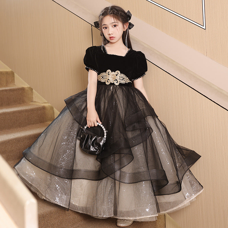Children's Dress Princess Dress Girls Evening Dress Light Luxury Minority High-End Black Host Piano Performance Costume