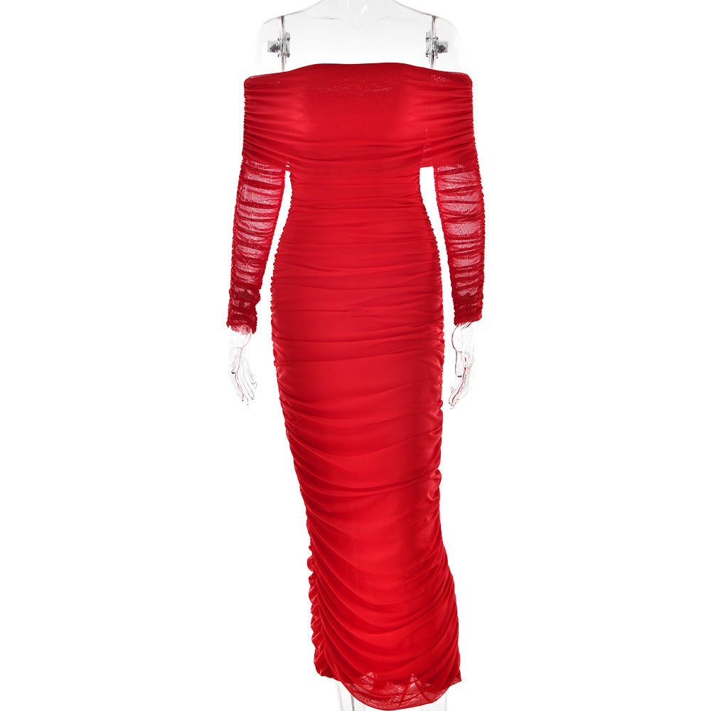 2025 New new mesh one-word shoulder pleated dress Popularan beautiful woman decoration body long-sleeved hip-wrapped dress