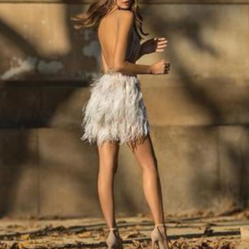 INS autumn and winter new 2025 Popular trade suspender V-neck feather dress sexy women's banquet evening dress