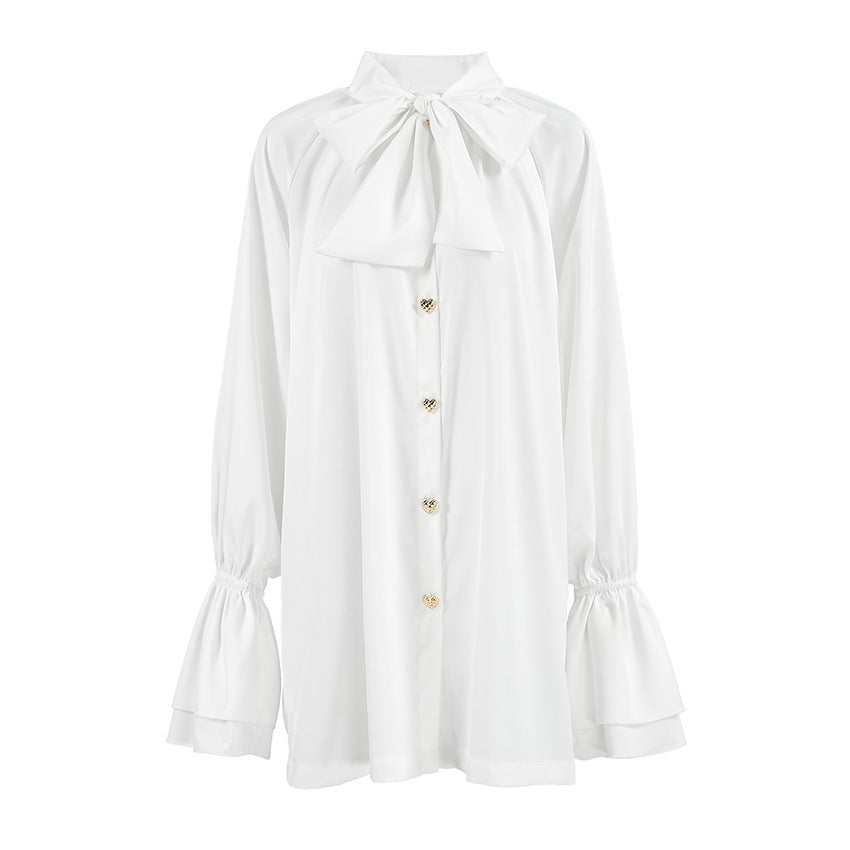 XAKXX Autumn and winter casual temperament thick matte satin versatile loose streamer collar horn sleeve lace-up women's dress white