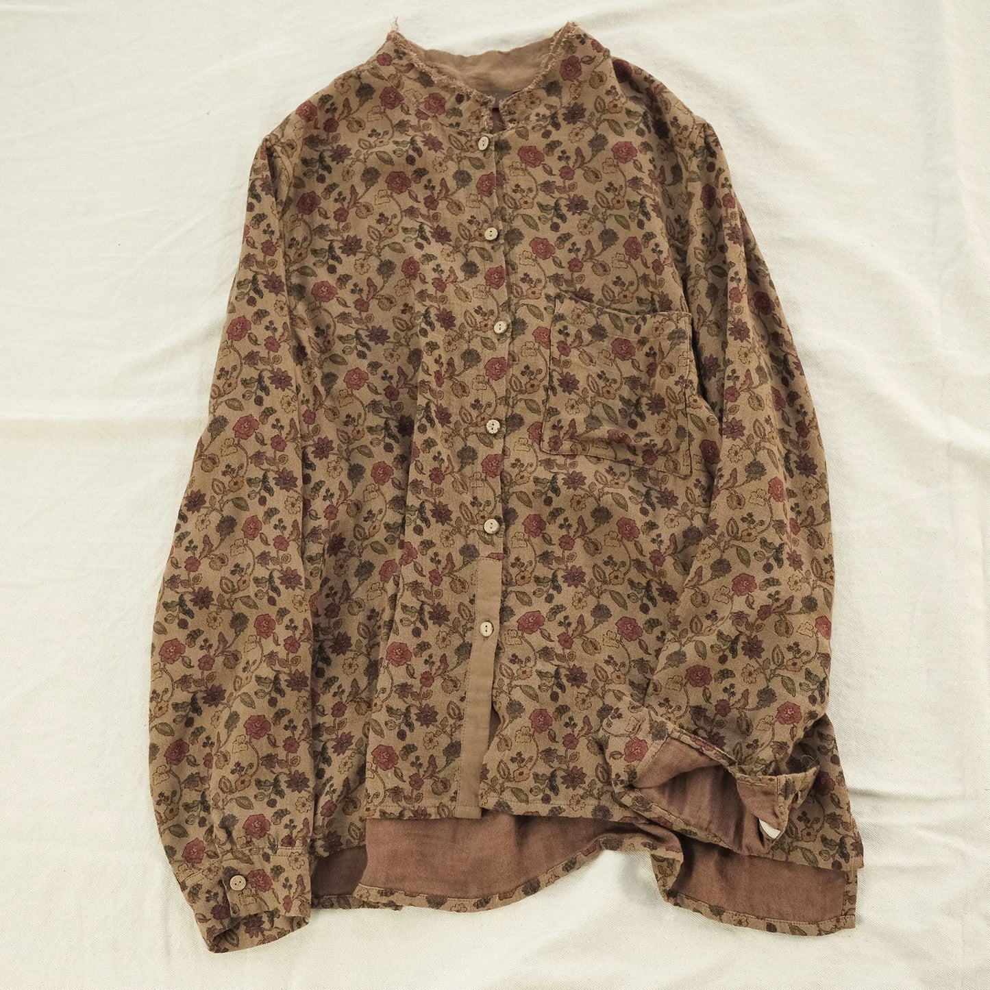 23 spring and summer retro old printed double-layer cotton shirt, medieval casual stand-up collar burr top S23001