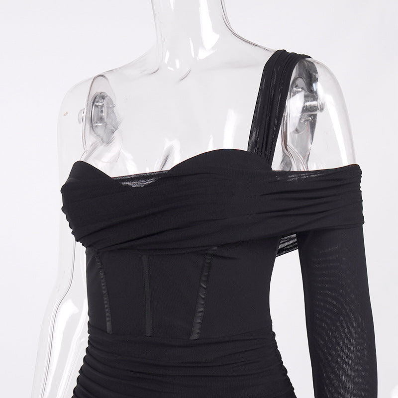 XAKXX Summer tanning single shoulder chest wrap small black dress hip lift waist fold mesh yarn perspective fishbone skirt girlfriends dress