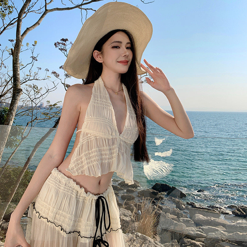 2025 Thailand seaside vacation wear women's pure desire sexy backless neck vest see-through skirt two-piece dress