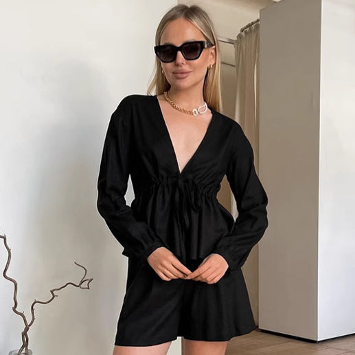 XAKXX Black V-neck cotton and linen long-sleeved hot pants set New 2025 autumn and winter fashion new wholesale two-piece set for women