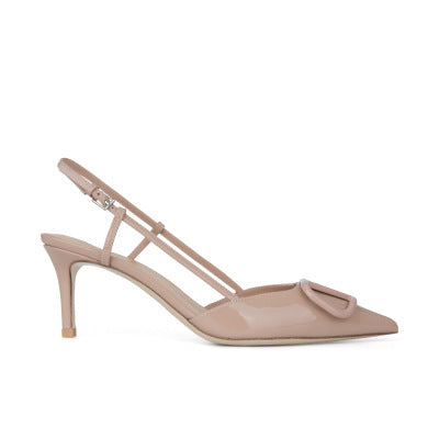 2025 Cowhide version~ Grape mother same shoes versatile temperament pointed V buckle high heels women patent leather rear empty heel sandals women