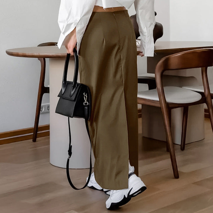 XAKXX 2025Autumn retro fashion loose brown high waist split straight skirt popular 2025 elegant casual dress women