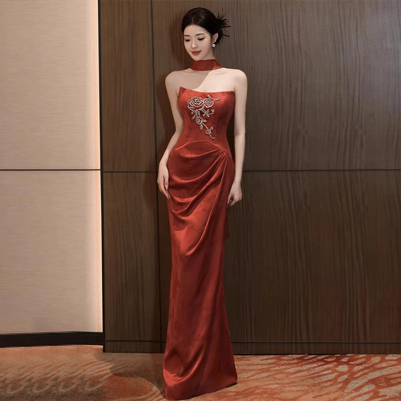 2025 Morning robe women's new Chinese toasting clothes, bride engagement banquet, fishtail skirt, tube top evening dress