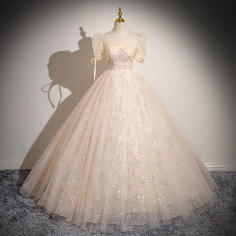 Champagne evening dress spring new elegant bubble sleeve princess dress tutu skirt bar mitzvah student art exam dress