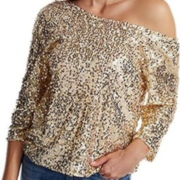 XAKXX 2025 new new loose sequin slanted shoulder short sleeve casual sequin deep V shirt