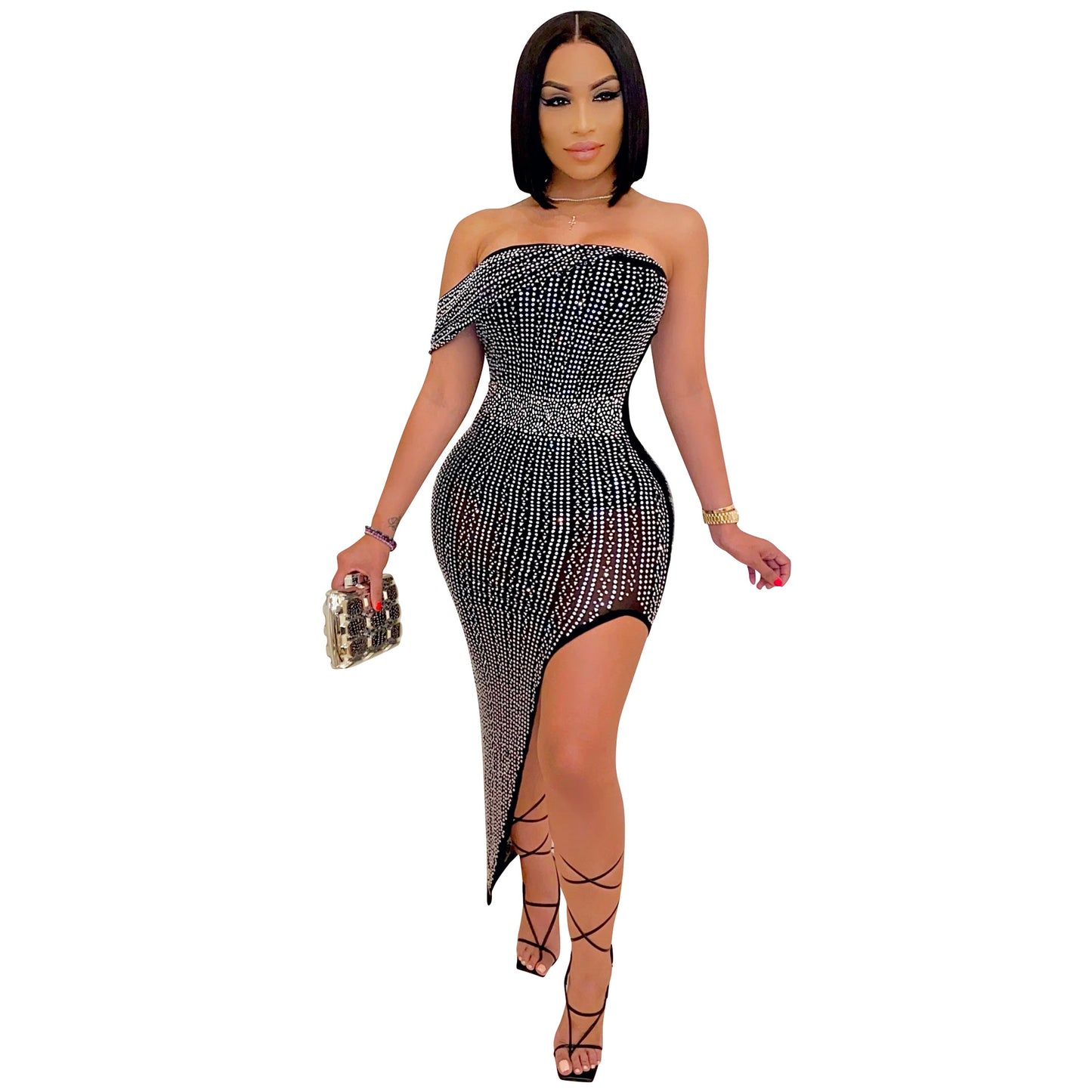 X5046 European and American Evening Dress Rhinestone Mesh Wrapped Chest Irregular Women's Clothing Dress
