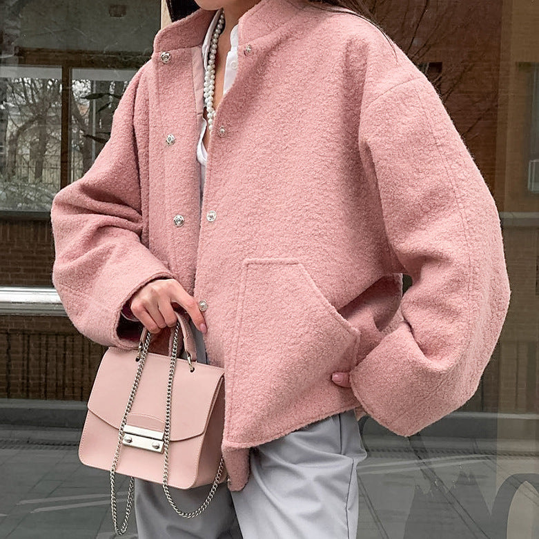 XAKXX 2025popular 2025 autumn temperament three-dimensional loose niche pink velvet small stand-up collar commuting long-sleeved jacket wholesale women