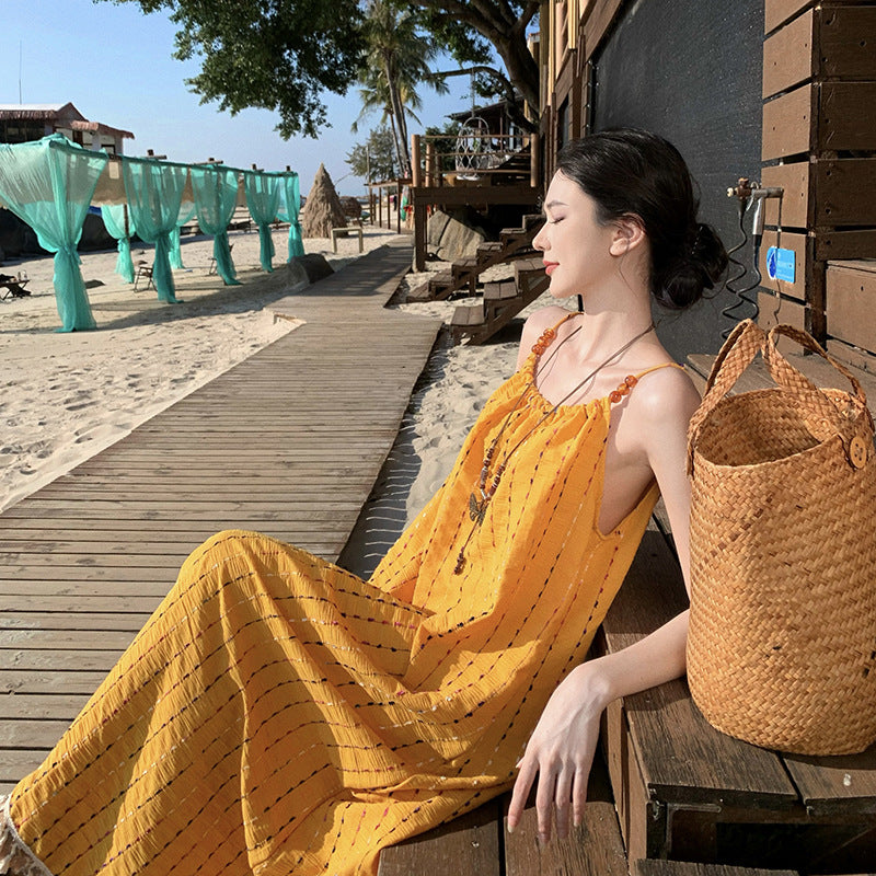 2025 Yellow fringed embroidered suspender dress for women, super good-looking vacation temperament long dress, beautiful Xishuangbanna beach dress